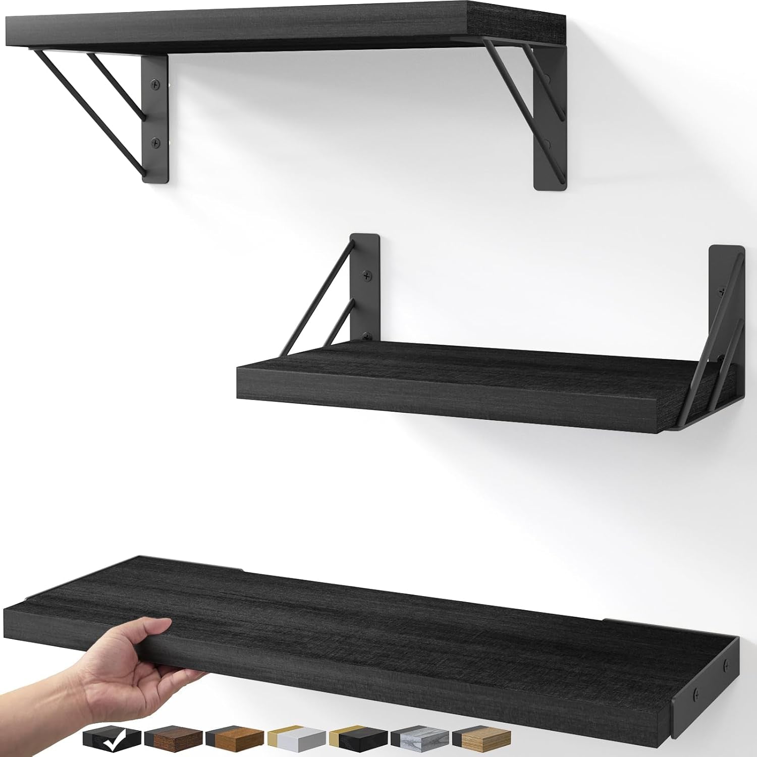 Wall Mounted Floating Shelves, Wood Floating Wall Shelf for Books & Decor, Small Space-Saving Display & Organizer(Black,Set of 3)